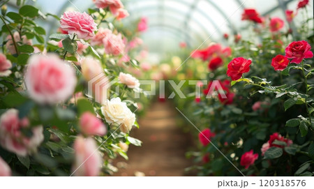 A vibrant rose garden filled with blooming red, pink, and white roses thrives under the warmth of a greenhouse. Lush foliage enhances the beauty of the fresh flowers. A vibrant rose garden filled with blooming red, pink, and white roses thrives under the warmth of a greenhouse. Lush foliage enhances the beauty of the fresh flowers. 120318576