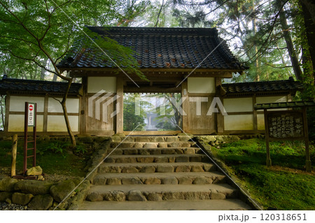 秋近づく中尊寺　朝もやの中光差し込む門　大長寿院　岩手県 120318651