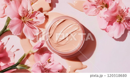 A skincare cream nestled among fresh pink flowers creates a soothing and aesthetic arrangement. The soft hues of both the cream and blossoms enhance the overall calming vibe of the display. 120318680