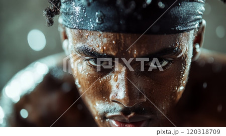 A focused young athlete trains hard indoors, beads of sweat glistening on his determined face, showcasing his dedication. 120318709
