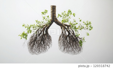 This artwork shows lungs made of intertwined roots and branches, symbolizing the link between human health and nature, and highlighting life interplay with the environment. 120318742