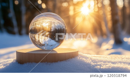 A clear glass orb rests on a wooden base, capturing the vibrant colors of the sunset filtering through a wintry forest. The snow blankets the ground, enhancing the serene atmosphere of twilight. 120318794