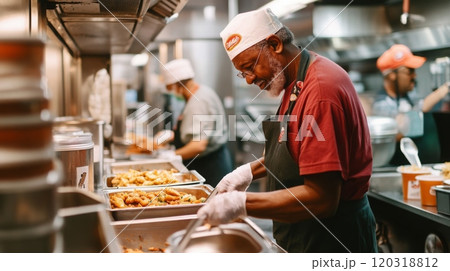 Volunteers are working together in a community kitchen, preparing delicious meals and serving food to those in need. 120318812