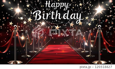 A glamorous birthday setup featuring a red carpet, festive star decorations, and celebratory lights creating a joyful atmosphere. 120318827