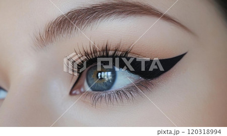A striking close-up reveals an artistic eye makeup look characterized by dramatic eyeliner 120318994