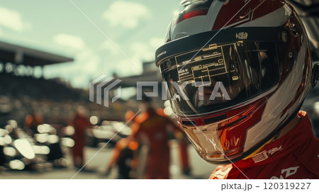 A racing driver stands in the pit lane, focused and ready, as data displays are reflected on the visor of the helmet, capturing the intensity of the moment. 120319227