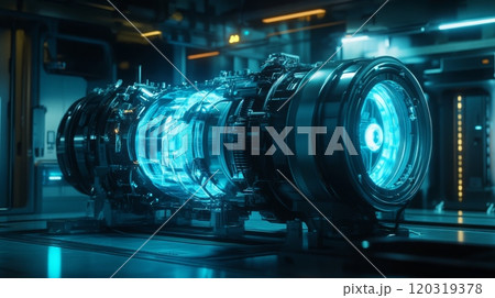 A glowing energy core rests on a metal platform in a futuristic laboratory. The core emits a blue light, surrounded by intricate machinery and equipment, creating a striking technological ambiance. 120319378