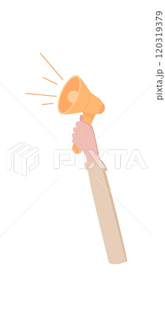 Man hand holds megaphone, hand holding empowerment signboard, person show up support loudspeaker, man hold protest board, people raise revolution flag, character holds strike sign, 120319379