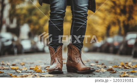 A person stands on a cobblestone street covered with yellow autumn leaves, showcasing stylish cowboy boots against a blurred urban backdrop. 120319381