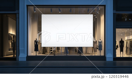 The storefront features elegant clothing displayed on mannequins illuminated by warm lighting at dusk. A large blank sign dominates the center, waiting for upcoming promotions or displays. The storefront features elegant clothing displayed on mannequins illuminated by warm lighting at dusk. A large blank sign dominates the center, waiting for upcoming promotions or displays. 120319446