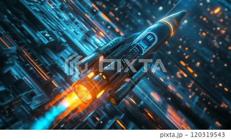 A sleek rocket ascends into the dark sky above a neon-lit city, showcasing glowing patterns and intricate structures in a captivating scene of technology and exploration. 120319543