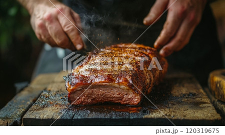 A person seasons a perfectly cooked ribeye steak with spices while preparing to serve it outdoors at sunset. A person seasons a perfectly cooked ribeye steak with spices while preparing to serve it outdoors at sunset. 120319675