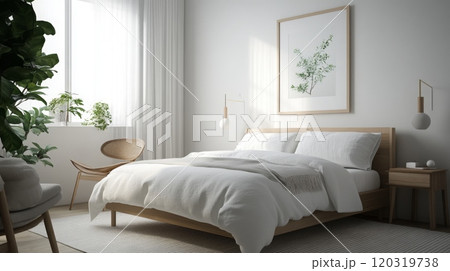 A cozy bedroom showcases a wooden bed with white bedding and decorative pillows. Natural light floods through the window, illuminating the simple decor, including an indoor plant and a stylish chair. 120319738