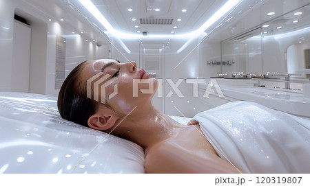 A woman laying down in a bathroom with tiles, a bathtub, and a mirror in the background. 120319807