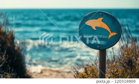 A brightly colored sign indicating dolphin...のイラスト素材 [120319909] - PIXTA