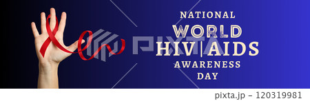 AIDS day, red ribbon in hand on blue background with text AIDS day, red ribbon in hand on blue background with text 120319981