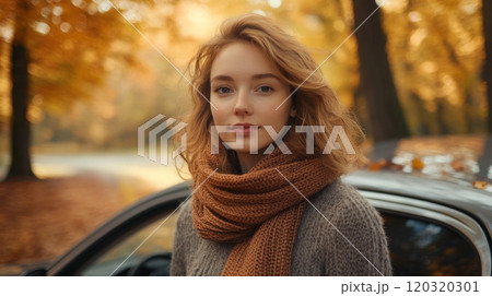 A young woman with curly hair stands beside a parked car, wearing a warm, knitted scarf and sweater. The vibrant autumn leaves create a picturesque backdrop, highlighting the beauty of the season. 120320301
