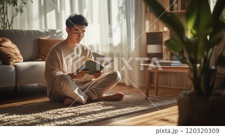 In a sunlit living room, a young man sits cross-legged on a soft rug, absorbed in reading a book. The warm light filters through sheer curtains, creating a peaceful and inviting atmosphere. In a sunlit living room, a young man sits cross-legged on a soft rug, absorbed in reading a book. The warm light filters through sheer curtains, creating a peaceful and inviting atmosphere. 120320309
