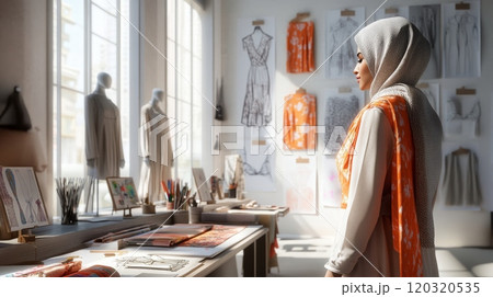 A fashion designer wearing a hijab stands thoughtfully in her studio, surrounded by colorful sketches and fabric samples 120320535
