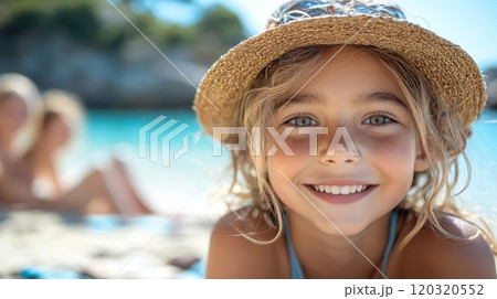 A cheerful young girl with long hair and a straw hat poses happily by the beach. Family members can be seen relaxing in the background, enjoying the sun and water. 120320552