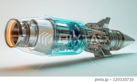 A close-up showcases a modern jet engine featuring a transparent casing, revealing the complex internal components and technology 120320710