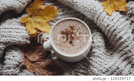 A steaming mug of hot chocolate sits atop a knitted blanket, accompanied by colorful autumn leaves, creating a warm, inviting atmosphere. 120320717