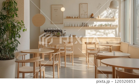 A bright cafe features wooden chairs and tables, a coffee bar, and sunlight streaming through large windows. 120320853