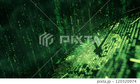 A clock face with numbers and hands is shown with green digital code flowing behind it. A clock face with numbers and hands is shown with green digital code flowing behind it. 120320974