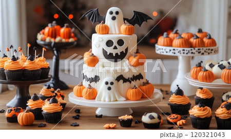 A beautifully designed Halloween cake features playful ghosts and pumpkins, accompanied by matching cupcakes 120321043