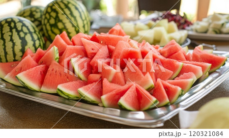 A vibrant display of watermelon slices arranged neatly on a tray, showcasing the refreshing fruit at a summer event. 120321084