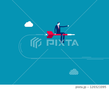 Change business direction, leadership decision to change to success, turning point or different way to reach target concept, confident businessman riding dart changing direction to the right target. 120321095