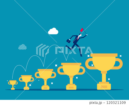 Small win or achievement to motivate to achieve bigger goal, strategy or inspiration to success, victory or win award concept, confident businessman jumping from small win trophy to get bigger one. Small win or achievement to motivate to achieve bigger goal, strategy or inspiration to success, victory or win award concept, confident businessman jumping from small win trophy to get bigger one. 120321109
