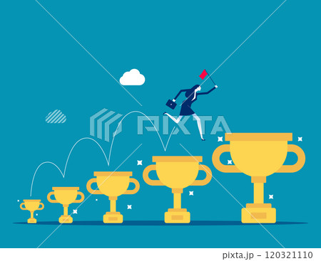 Small win or achievement to motivate to achieve bigger goal, strategy or inspiration to success, victory or win award concept, confident businessman jumping from small win trophy to get bigger one. Small win or achievement to motivate to achieve bigger goal, strategy or inspiration to success, victory or win award concept, confident businessman jumping from small win trophy to get bigger one. 120321110