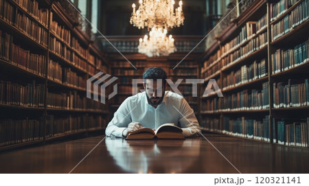 A man sits at a long wooden table in an elegant library, deeply focused on reading a large book. The room is filled with towering bookshelves and a sparkling chandelier above. 120321141