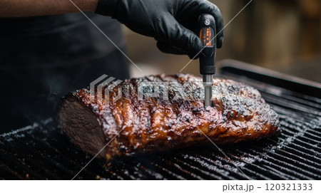 A person wearing gloves checks the internal temperature of a perfectly smoked brisket on a grill, showcasing grilling techniques and savory outdoor cooking. 120321333