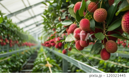 Fresh litchi fruits hang from branches in a greenhouse, showcasing a vibrant harvest season in Southeast Asia. 120321445