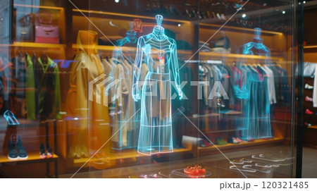 A luminous hologram showcases a dress in the window of a contemporary fashion store. A luminous hologram showcases a dress in the window of a contemporary fashion store. 120321485