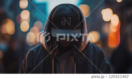 A young individual stands on a bustling city street at dusk, wearing a hoodie and cap, with city lights softly illuminating the surroundings. A young individual stands on a bustling city street at dusk, wearing a hoodie and cap, with city lights softly illuminating the surroundings. 120321487