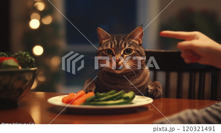 A tabby cat sits at a table, staring at a plate of colorful vegetables. A hand points at the food while soft light glows in the background, creating a warm atmosphere in a casual indoor setting. 120321491