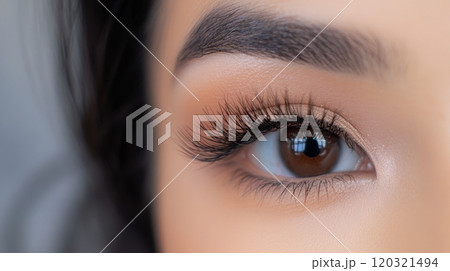 A woman's eye is captured in detail, showcasing her long eyelashes and perfectly shaped eyebrows, with soft, natural lighting enhancing the subtle tones of her eyelid and iris. 120321494