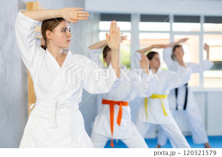Teenage girl in kimono doing kata training Teenage girl in kimono doing kata training 120321579
