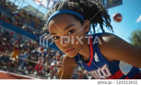 A determined young athlete is preparing for her moment on the basketball court, surrounded by cheering fans 120321632