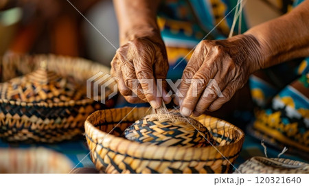 An elderly artisan skillfully crafts a woven basket, showcasing traditional techniques and vibrant patterns in a workshop filled with handmade crafts. 120321640