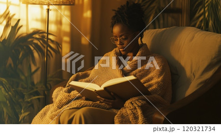 A woman sits comfortably in a cozy armchair, wrapped in a soft blanket, reading a book while enjoying the warm glow of a lamp. Sunlight filters through the curtains, creating a serene atmosphere. 120321734