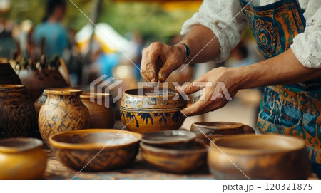 An artisan skillfully molds clay into a beautiful pottery bowl at a vibrant craft fair, showcasing traditional techniques. An artisan skillfully molds clay into a beautiful pottery bowl at a vibrant craft fair, showcasing traditional techniques. 120321875