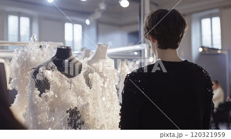 A person observes unique clothing designs displayed on mannequins at a contemporary fashion exhibition 120321959