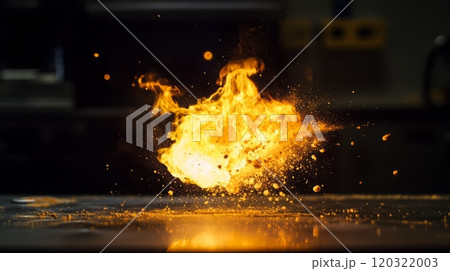 An orange flame erupts from a dark surface, leaving a trail of sparks and embers. 120322003