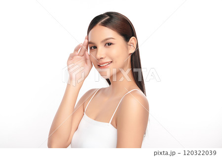 Beautiful young asian woman with clean fresh skin on white background, Face care, Facial treatment, Cosmetology, beauty and spa, Asian women portrait. Beautiful young asian woman with clean fresh skin on white background, Face care, Facial treatment, Cosmetology, beauty and spa, Asian women portrait. 120322039