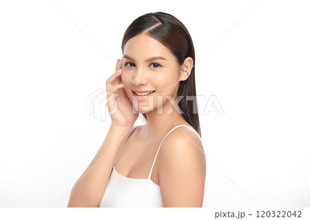 Beautiful young asian woman with clean fresh skin on white background, Face care, Facial treatment, Cosmetology, beauty and spa, Asian women portrait. Beautiful young asian woman with clean fresh skin on white background, Face care, Facial treatment, Cosmetology, beauty and spa, Asian women portrait. 120322042