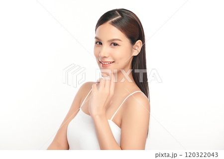 Beautiful young asian woman with clean fresh skin on white background, Face care, Facial treatment, Cosmetology, beauty and spa, Asian women portrait. Beautiful young asian woman with clean fresh skin on white background, Face care, Facial treatment, Cosmetology, beauty and spa, Asian women portrait. 120322043